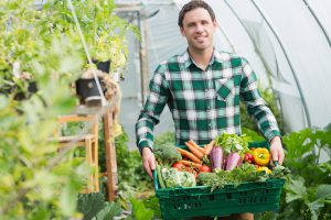 Proud man presenting vegetables in a basket